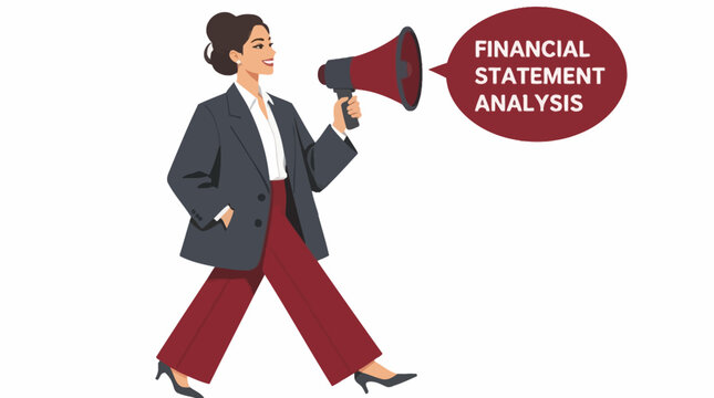 Businesswoman holding megaphone for financial statement analysis.