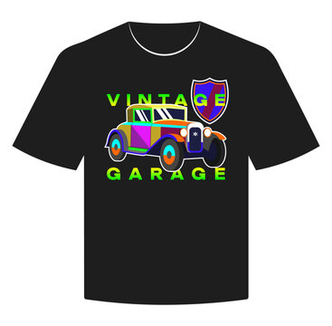 Vector merch template. Black t-shirt. Vintage garage. Bright rainbow retro car, colorful iridescent coupe. Old city transport. Isolated background