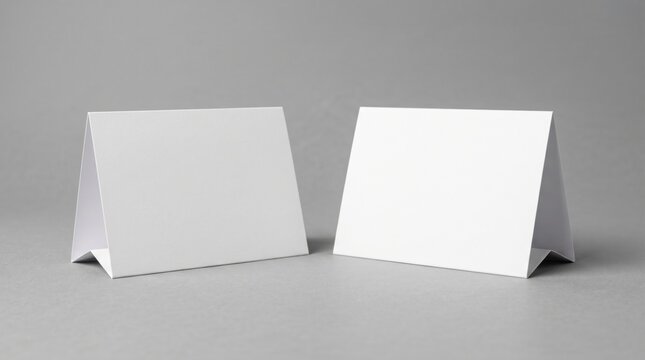Blank table tent cards standing on gray surface with clean studio lighting for restaurant menu and event branding