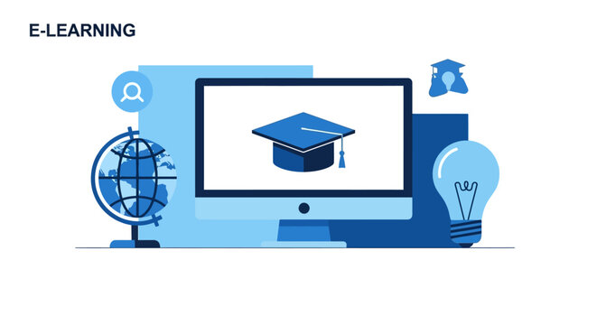 E-learning graduation cap computer.