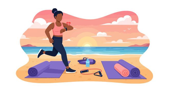 Woman running on beach checking fitness tracker during sunset.