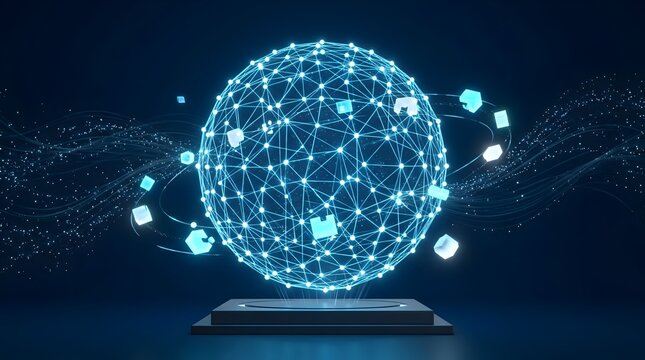 Abstract glowing sphere with connected nodes and orbiting cubes representing global data networks and digital transformation on a futuristic pedestal.