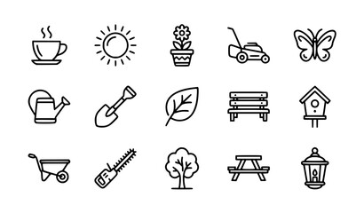 Fototapeta premium Thin Line Garden and Outdoor Lifestyle Icon Set with Cafe Sun Flower Pot Lawn Mower and Butterfly Vector Collection