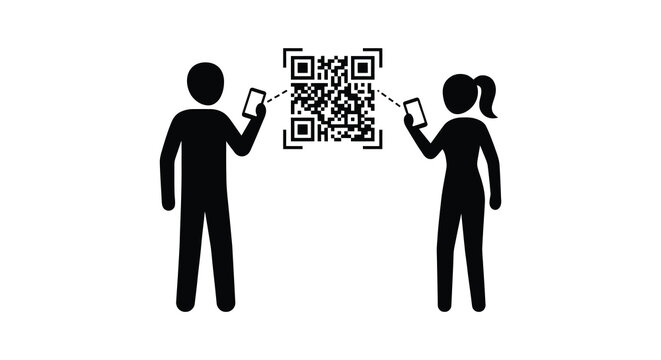 Two people scanning qr codes with smartphones black silhouette against a white background code quick response smartphone mobile