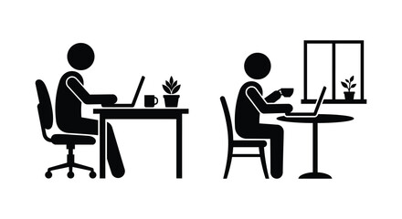 Fototapeta premium Person working at desk with laptop and coffee office scene in black silhouette worker computer workstation employee cubicle