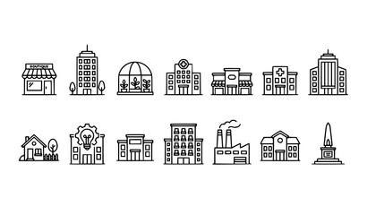 Obraz premium Thin Line Building and Business Icon Set with Shop Office Building Greenhouse and Hospital Vector Collection