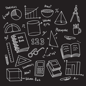 Hand Drawn Mathematics Doodle Set with Geometry, Statistics and School Supplies Vector Illustration in black background