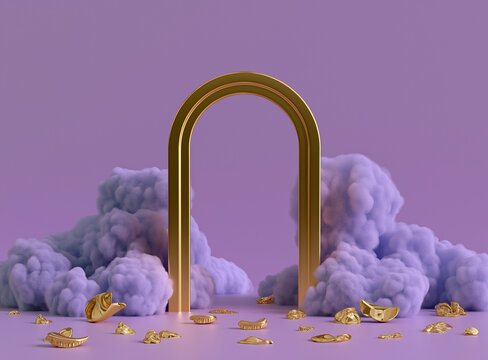 Golden arch rises from violet mist. Scattered gold fragments glow softly. Purple haze curls around the structure. Minimalist, surreal, dreamlike atmosphere. Ideal for luxury, mystery, or modern design