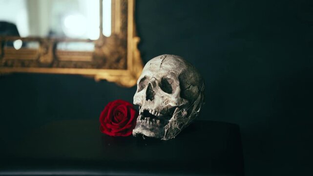 A human skull decorated with a red rose on a dark background with a golden mirror, creating a dramatic gothic still life composition.