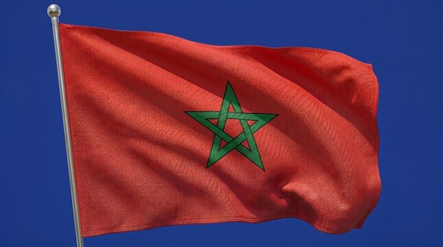 Realistic Morocco flag waving in the wind against a solid blue background, ideal for seamless design integration.
