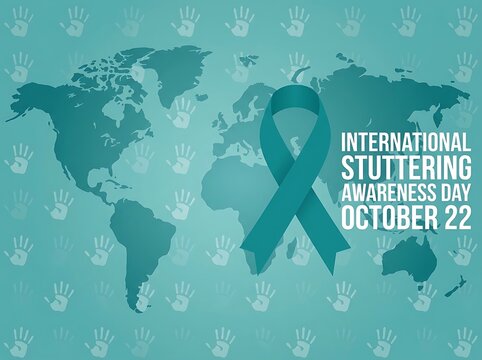 International stuttering awareness day poster with teal ribbon and world map design concept