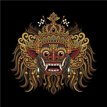 Vibrant balinese barong mask with intricate gold ornaments and colorful details