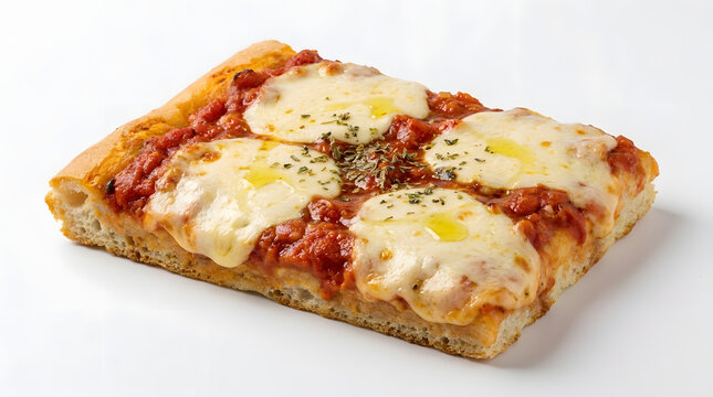 Rectangular slice of traditional Uruguayan pizza with tomato sauce and mozzarella cheese, isolated on a clean white background