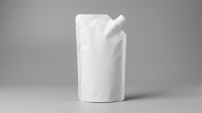 White spout pouch mockup standing on neutral grey background with soft studio lighting for liquid food packaging design branding