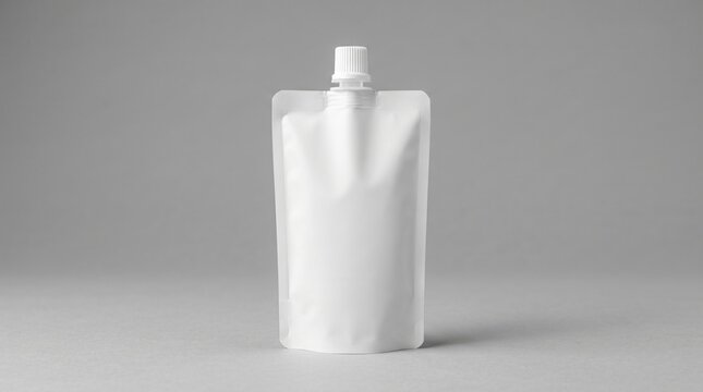 Flexible spout pouch standing on gray studio background with clean lighting for liquid product packaging design