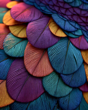 Vibrant leaves overlap in a dazzling, textured pattern. Deep blues, purples, and oranges radiate rich, organic hues. Each leaf displays fine, parallel veins with tactile depth