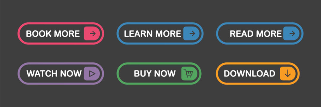 Flat buttons vector illustration, modern colorful UI button set for digital interfaces featuring read more, learn more, buy now, download, watch now, book now elements