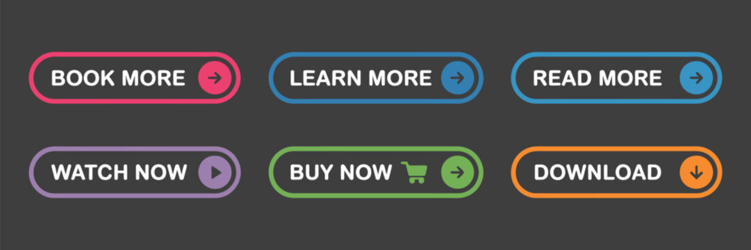 Flat buttons vector illustration, modern colorful UI button set for digital interfaces featuring read more, learn more, buy now, download, watch now, book now elements