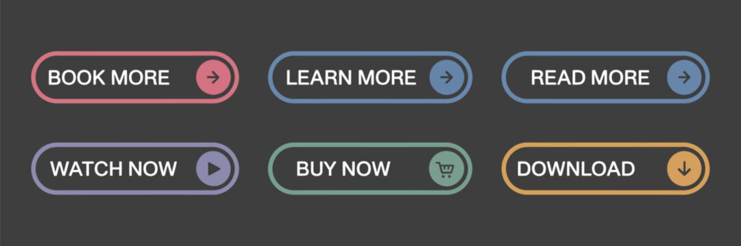 Flat buttons vector illustration, modern colorful UI button set for digital interfaces featuring read more, learn more, buy now, download, watch now, book now elements