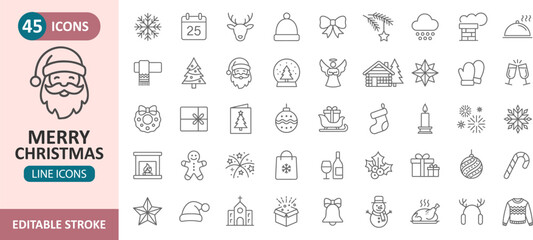 Merry christmas and winter holiday season line icon set for festive decorations with christmas celebration decoration reindeer snowflake fireplace ornament greeting tradition happiness © Iconwale
