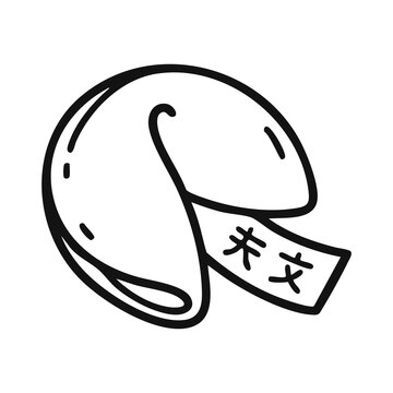 Chinese Fortune Cookie with Message Paper Strip Vector Line Art Icon for Asian Restaurant Branding, Lunar New Year Celebration, Prediction Concepts, and Dessert Menu Design.
