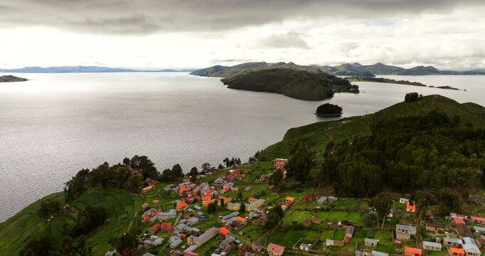 Island of the Sun on Lake Titicaca revered birthplace of Inca sun god, aerial