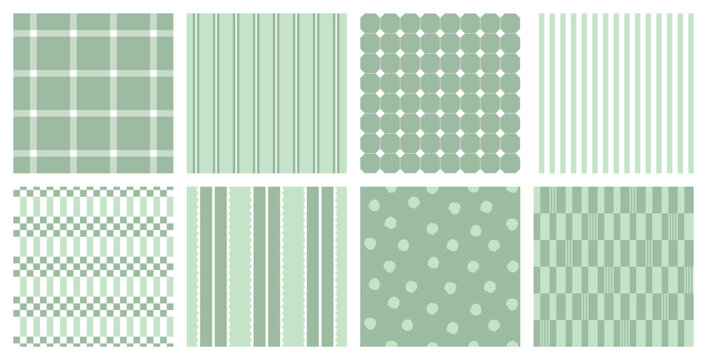 Soft sage green seamless pattern collection showcasing stripes checks dots geometric layouts and elegant repeating textures for textiles wallpaper packaging backgrounds and surface design