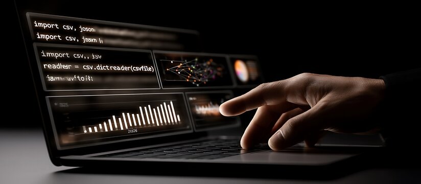Programmer working with artificial intelligence and data analytics. Futuristic code interface, machine learning dashboard, software development and digital technology concept.