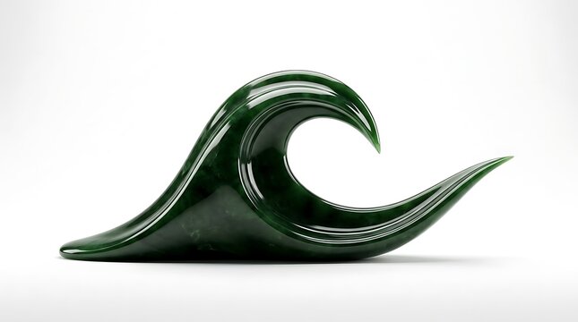 A smooth, polished dark green jade sculpture in the shape of a breaking ocean wave isolated on white background