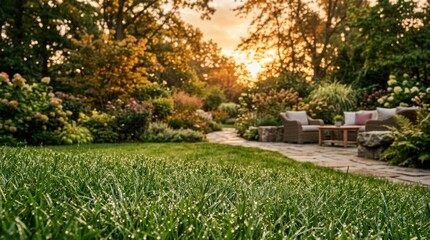 Fototapeta premium Lush green lawn with dew drops at sunrise, leading to a serene garden patio