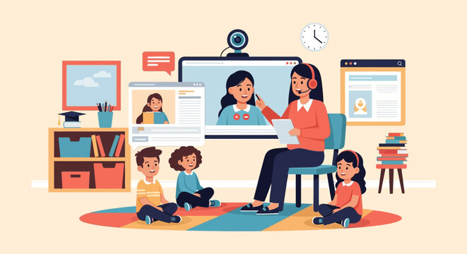 Teacher leading online class with children participating remotely.