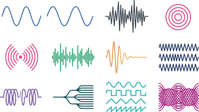 Abstract Sound Wave and Audio Signal Element Set Featuring Frequency Patterns Digital Waveforms Communication Technology and Modern Acoustic Design Collection