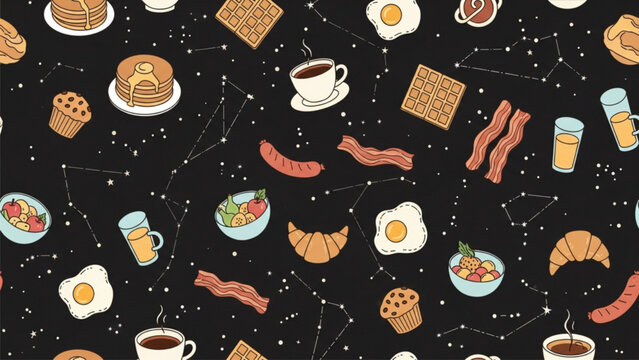 Seamless breakfast food pattern with constellations on black background. Features pancakes, eggs, bacon, coffee, and croissants in a whimsical cosmic doodle style. AI generated.