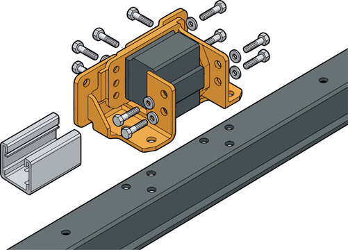 Detailed 3D rendering showcases automotive hardware assembly. Illustrates structural undercarriage deflection rail interface. Modern, technical, and visually clear.