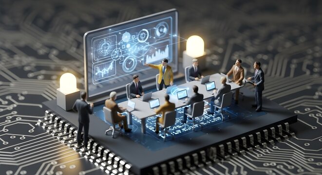 Business people meeting around a table on a computer chip with a large screen display