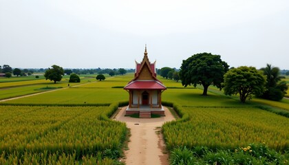 Obraz premium The image depicts a serene rural landscape centered around a small, ornate structure with traditional architectural features, including a tiered roof and decorative details
