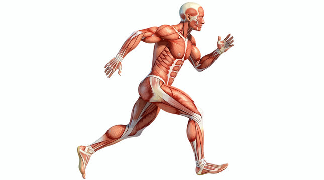 3D medical illustration of human male muscular system in a running pose showing anatomy and athletic movement