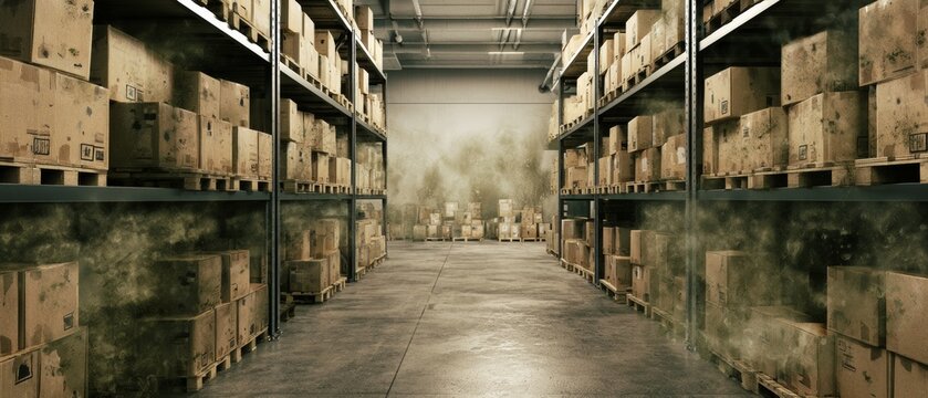 Shelves hold stacked boxes in a dim warehouse during daylight hours