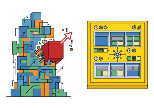 A vibrant illustration contrasts chaotic manual variation with a streamlined, managed asset container. It highlights risk and structured efficiency, promoting Smart Template Infrastructure.