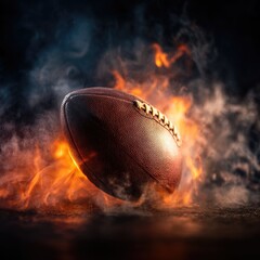 Fototapeta premium An American football bursts from flames and smoke on a dark background. Realistic rendering