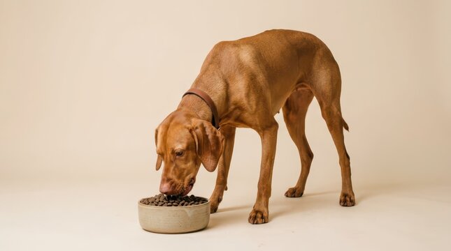 Vizsla dog eating dry kibble from a ceramic bowl.