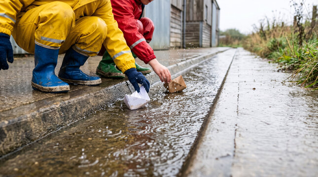 Children playing with paper boats in rain water drainage gully next to local farm building