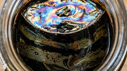Naklejka premium Close-up of a colorful oil spill reflecting iridescent patterns on water surface.