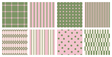 Charming seamless pattern collection in sage green and blush pink featuring checks stripes dots tiles and decorative trims ideal for fabric wallpaper gift wrap stationery and surface design © SpainArts