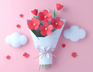 ペーパークラフト風のかわいいピンクの花の花束　誕生日ギフト　