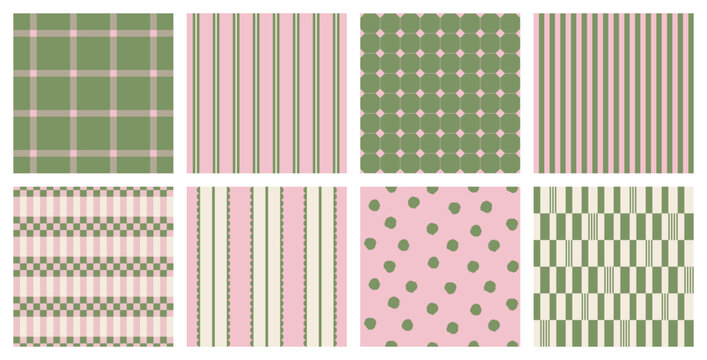 Charming seamless pattern collection in sage green and blush pink featuring checks stripes dots tiles and decorative trims ideal for fabric wallpaper gift wrap stationery and surface design