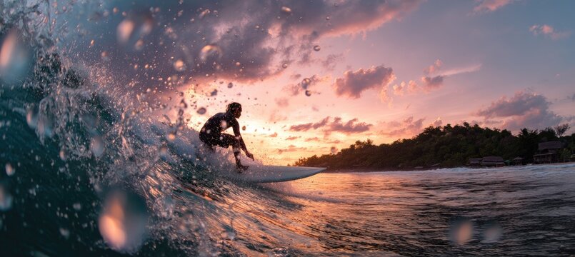 Surfer riding a breaking wave at sunset. Lush island in the background, warm hues in the sky
