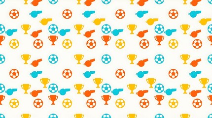 Obraz premium Vibrant Seamless Pattern Featuring Soccer Balls Trophies and Sports Whistles in Colorful Minimalist Flat Vector Design Style