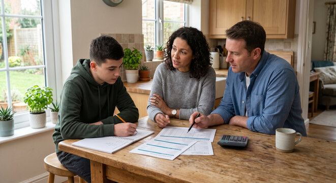Parents and teenage son cooperatively reviewing financial documents at kitchen island.