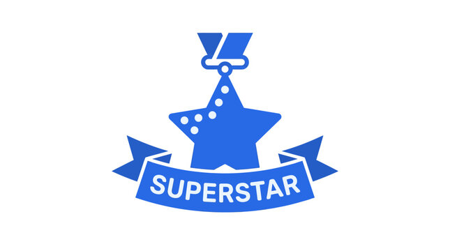 Blue superstar medal icon with star and banner ribbon.